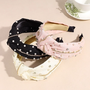 Lot de trois serre-têtes noués avec perles et strass en noir, rose et beige élégant