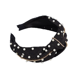 Serre-tête noué noir tendance avec perles blanches et détails de chaîne en strass brillant