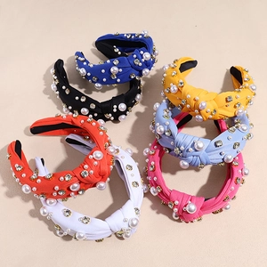Baroque Knotted Headband For Women With Artificial Pearls And Rhinestones Retro Fabric Wide Hair Band Fashion Hair Accessories