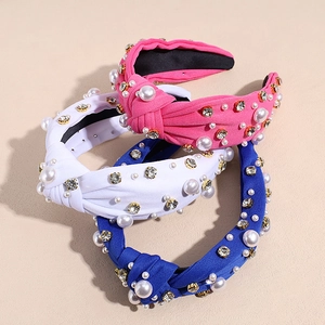 Baroque knotted headbands with pearls and rhinestones in fuchsia, white, and royal blue