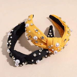 Baroque knotted headbands with white pearls and sparkling rhinestones in black and yellow