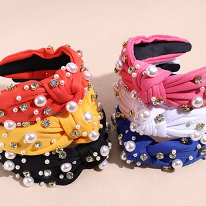 Baroque knotted headbands with white pearls and rhinestones in various vibrant colors
