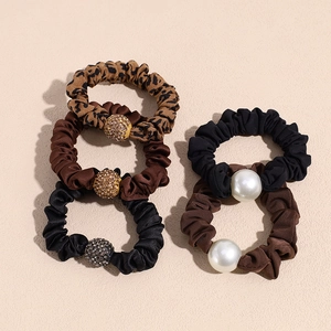 5-piece leopard print and rhinestone elastic hair scrunchies set in satin fabric