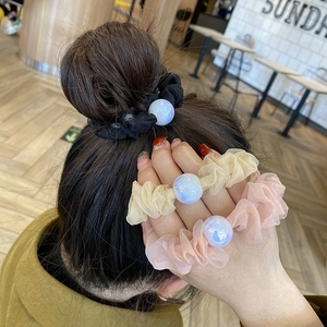 Korean Style Iridescent Artificial Pearl Organza Scrunchies Ruffled Satin Fabric Hair Ties Elastic Ponytail Holder For Women Girls