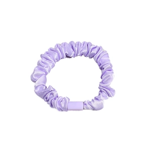 Satin ruffled hair scrunchie in light purple silk fabric with a matching square clasp