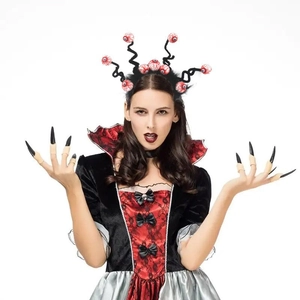 Gothic Halloween costume set with eye headband and black red velvet dress on model