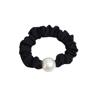 Elegant black satin scrunchie with a large white pearl bead for high ponytail styles