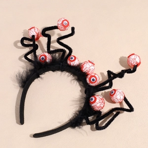 Halloween headband with black feathers and creepy bloodshot eyeballs for party costume decor