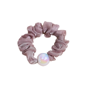 Lilac purple satin scrunchie with metallic sheen and iridescent mermaid pearl accent