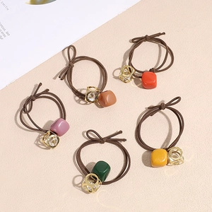 Retro Geometric Resin Bead Hair Tie For Women Gold Hollow Cage Crystal Pendant Elastic Ponytail Holder Hair Accessories