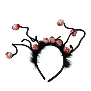 Halloween black fuzzy headband with spooky red-veined eyeballs on flexible springs