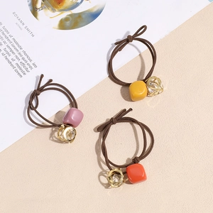 Three-piece set of retro crystal pendant hair ties with resin beads and hollow alloy balls
