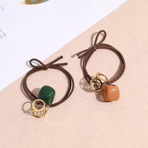 Vintage elastic hair ties with matte cubes and crystal charms in a two-piece set