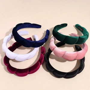 Women Velvet Puffy Headband Sponge Padded High Cranial Top Scalloped Wave Hairband Retro Spa Headwrap Hair Accessories