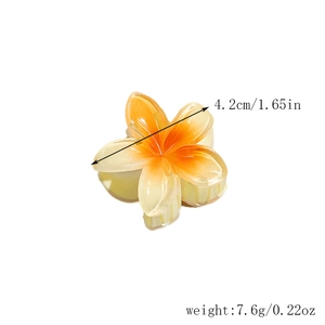 Detail view of a 4.2cm gradient yellow frangipani hair claw clip with size specifications