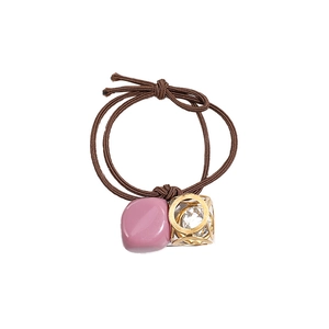 Vintage crystal pendant hair tie with rose resin block and hollow gold geometric cube
