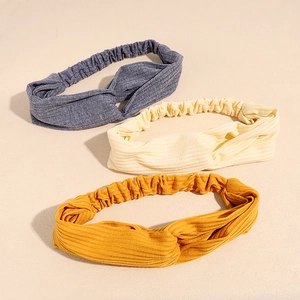 Lot de trois bandeaux tricotés torsadés en gris, beige et jaune pour le yoga et maquillage