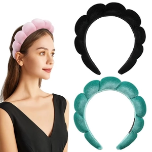 Velvet scalloped puffy headband set in pink, black and green soft sponge material