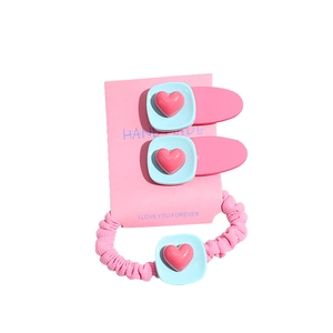 Set d'accessoires cheveux rose et bleu avec barrettes cœur et chouchou élastique