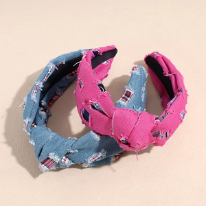 Korean Style Denim Knotted Plaid Headband For Women Wide Brim Retro Distressed Hair Hoop Fashion Hair Accessories