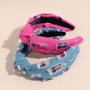 Retro knotted denim plaid headbands in rose red and light blue with distressed details