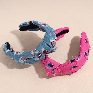 Retro knotted denim headband in blue and pink colors with classic plaid inner patterns