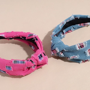 Vintage denim plaid knotted headbands with fringe edges in rose red and blue