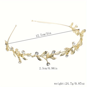 Detailed view of golden leaf headband showing 12.7cm diameter and rhinestone texture