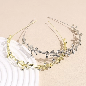 Elegant Baroque Alloy Rhinestone Leaf Headband Royal Court Style Metal Flower Hair Hoop For Wedding Party Women Accessory