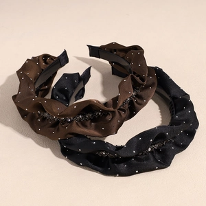 Elegant Satin Ruffle Wide Headband With Rhinestones Artificial Pearls Ruched Padded Hairband Vintage Hair Accessories For Women