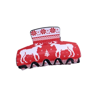 Christmas square acrylic hair claw clip with red reindeer and snowflake festive prints