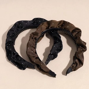 Wide velvet ruffle headband set in black and brown with pearl bead accents for women