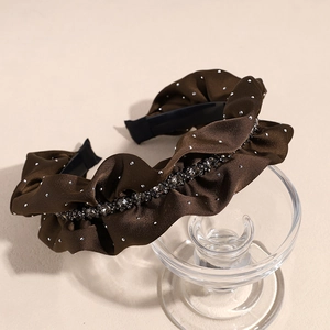 Elegant coffee brown velvet headband with ruffles and glittering rhinestones in a wide design