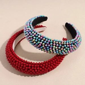 Fashion sponge headband with full pearl beads in red and iridescent gradient colors