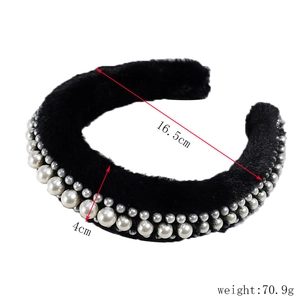 Detail view of black plush headband with pearl trim and dimensions showing 4cm width