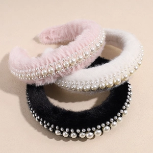 Luxury Faux Fur Artificial Pearl Headband For Women Wide Thickened High Top Hair Hoop Vintage Plush Winter Hair Accessories