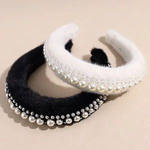 Thick plush sponge headband with elegant faux pearls in black and white styles