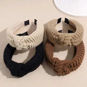 Women Autumn Winter Knitted Wool Wide Headband Solid Color Twist Knot High Skull Top Face Washing Hair Hoop Hair Accessories