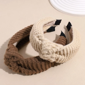 Brown and beige knitted waffle texture headbands with twisted knot design for winter fashion