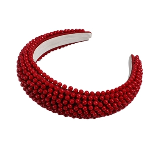 Elegant red pearl sponge headband for women, thick hairband with shiny beaded texture