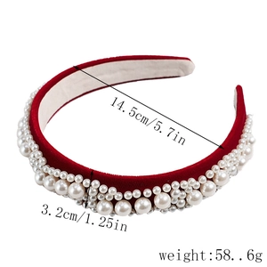Detailed size view of a red velvet baroque headband with pearls showing 14.5cm diameter