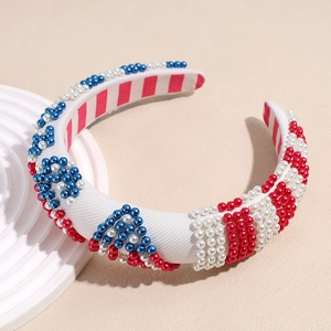 Padded headband with red, white, blue pearls and striped fabric lining for women