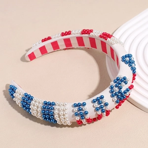 Thick USA beaded headband with red white blue pearls and striped canvas lining