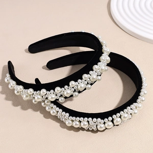 Vintage Baroque velvet headband with white pearls and wide band design for women