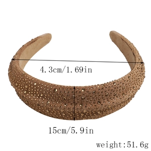 Detail view of brown rhinestone headband showing dimensions 4.3cm width and 15cm span