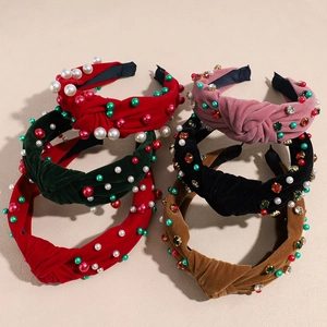 Serre-Tête Large Noué de Noël Strass Fausse Künstliche Perle Velours Cerceau à Cheveux Pour Femmes Accessoires de Coiffure de Fête