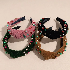 Lot de serre-têtes en velours avec nœud, perles et strass festifs en quatre coloris