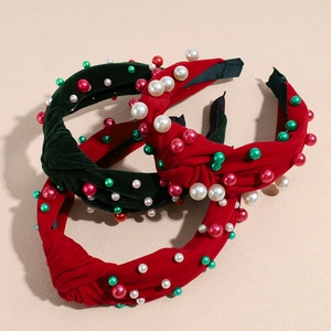 Serre-tête de Noël en velours noué avec perles en rouge et vert foncé festif