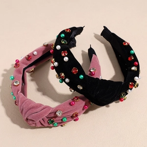 Serre-têtes en velours avec nœuds, cristaux et perles en noir et rose poudré
