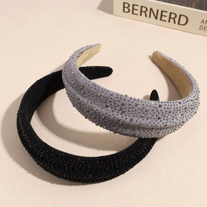 Fashionable rhinestone beaded wide headband in black and grey velvet for women